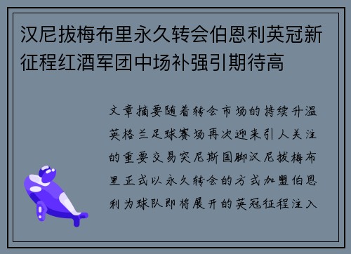 汉尼拔梅布里永久转会伯恩利英冠新征程红酒军团中场补强引期待高